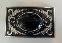 Western Black Onyx Stone Belt Buckle Silver Engraved Cowboy Rodeo Style