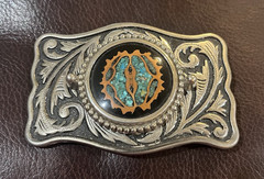 Western Silver Tone Metal Belt Buckle, Turquoise Accent, 3 1/2 inches long