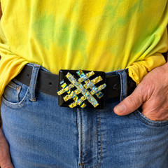 Dichroic Fused Glass Belt Buckle Handmade Black Iridescent 3” x 2.5”