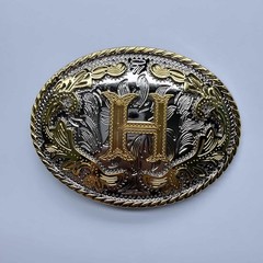Bright Silver With Gold Initial Letter A-Z Cowboy Cowgirl Oval Belt Buckle