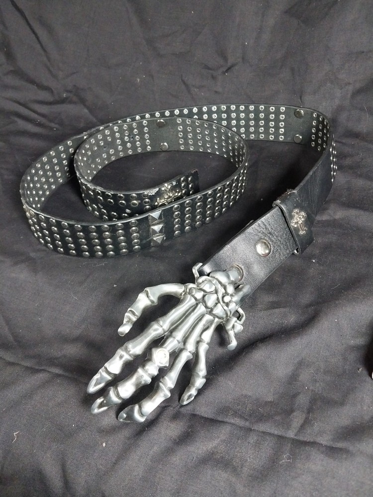 Studded Leather Belt With Skelton Hand Buckle 42&Prime;