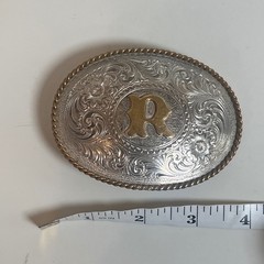 Montana Silversmiths Western Belt Buckle Initial R Silver Plate Bronze Oval Rope
