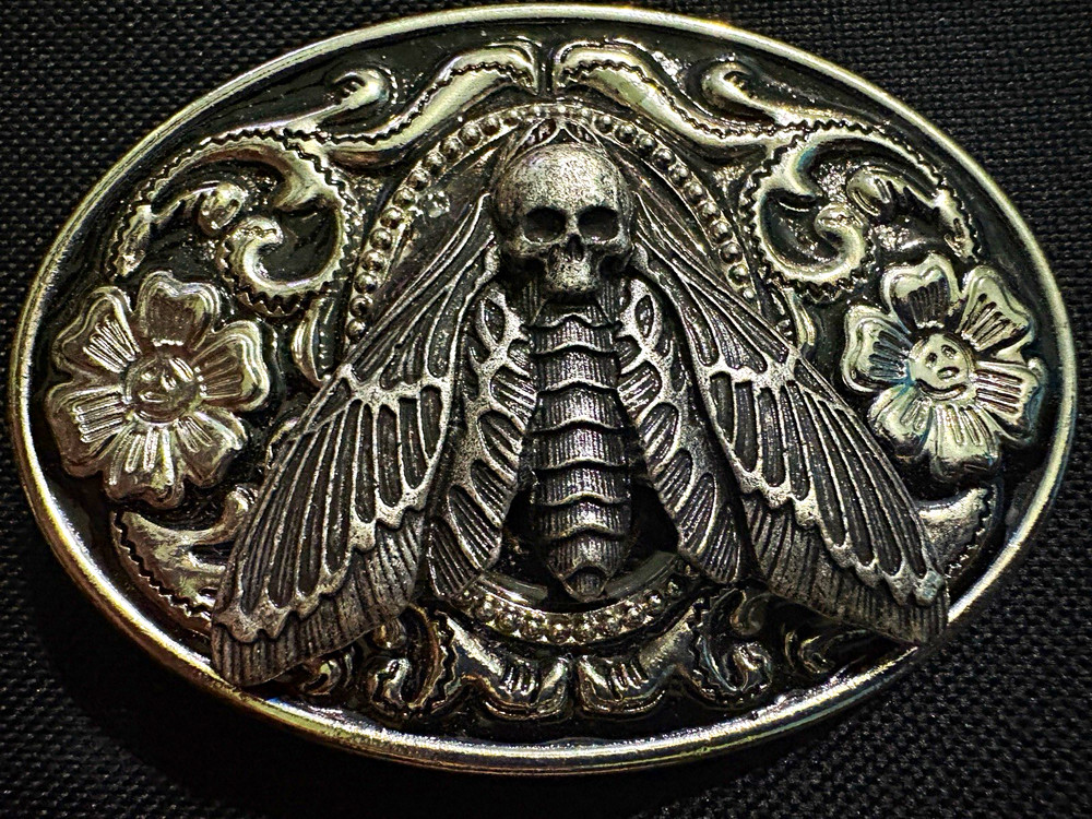 Western Skull Floral Engraved Silver Metal Oval Belt Buckle Fits 1.5in Belt