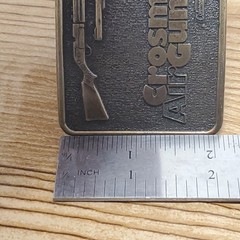 Vtg Crossman Air Guns Brass Belt Buckle Century Canada 2×2.75&Prime; EUC Coleman