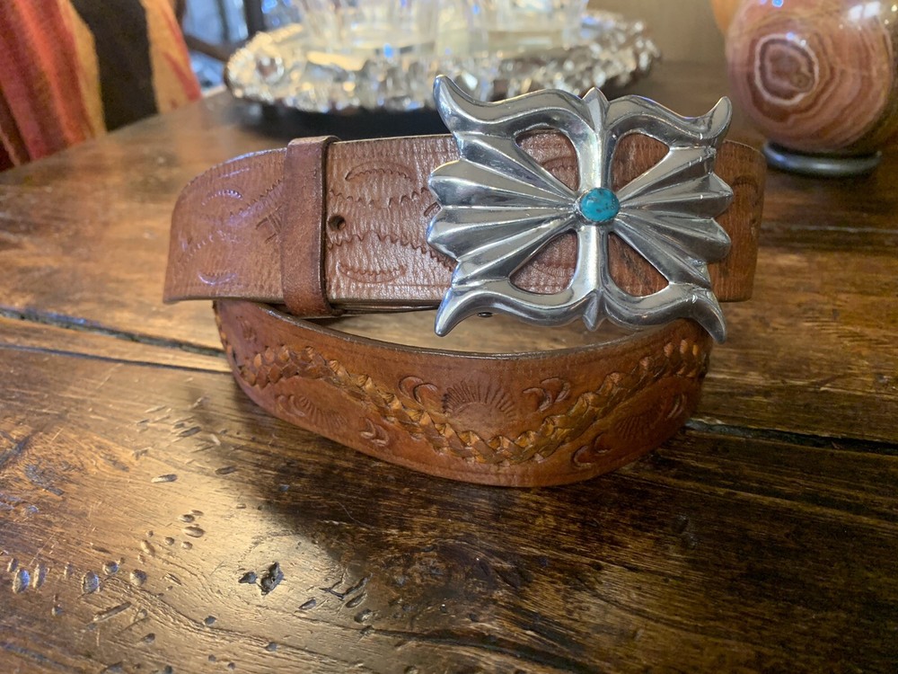 Navajo James Reid Style Sterling silver turquoise￼ Buckle￼ 33-35-1.5”🐂✅