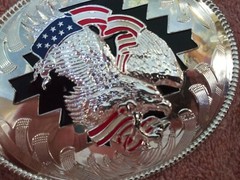 NWOT LARGE SILVER MIRROR STAR RED WHITE BLUE 3D EAGLE BELT BUCKLE 1 1/2&Prime; $65