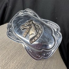 Vintage Western Horse Head & Horseshoe Belt Buckle Silver Tone Repair Needed