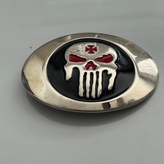 Punisher Skull Belt Buckle Metal Red Black Silver Tone Oval