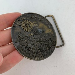 1974 Kansas Windmill Belt Buckle Round Antique Brass Lewis Buckles Chicago