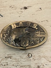 Vintage Spirit of ‘96 B.A.S.S Brass Color Belt Buckle Oval Bass Fishing USA