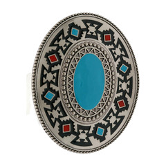 Men Silver Metal Buckle Native Ethnic Oval Turquoise Blue Jeans Pant Casual Look