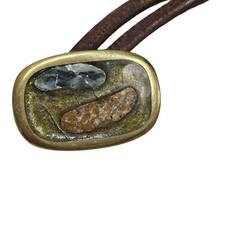 Brass Inlay Buckle Double-Layer Leather Belt Stone Accents Possibly Homemade
