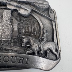 Vintage Missouri State Belt Buckle Pioneer Log Cabin Fiddle Banjo Pewter Tone