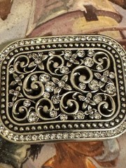 Rhinestone Belt Buckle Rectangle Floral Silver Bling Filigree Accents