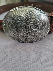 Crumrine Western Belt Buckle Cross With 3D Brown Leather Belt W/Cross Metal 38&Prime;