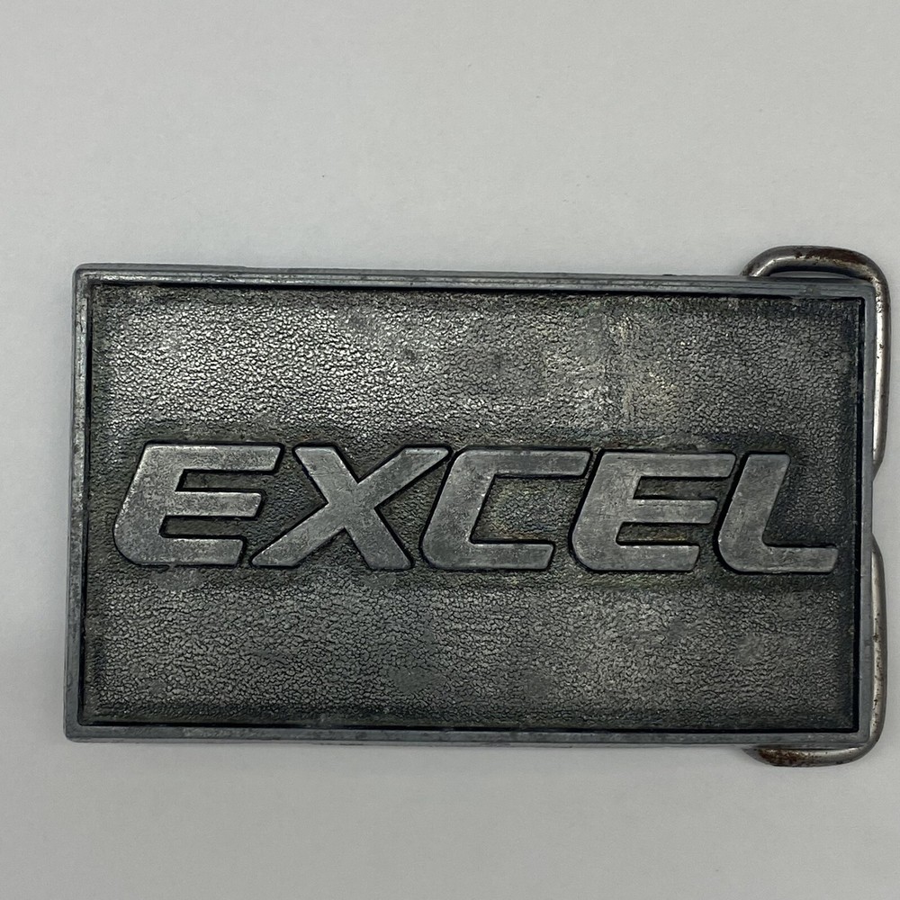 Excel Belt Buckle Metal Pewter tone Raised Lettering Made in USA Vintage
