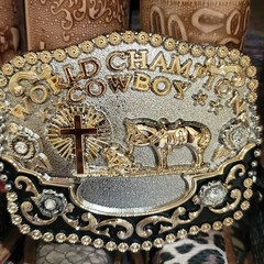 Praying Cowboy Champion Belt Buckle Western Hebilla Rodeo Silver & Rosetone