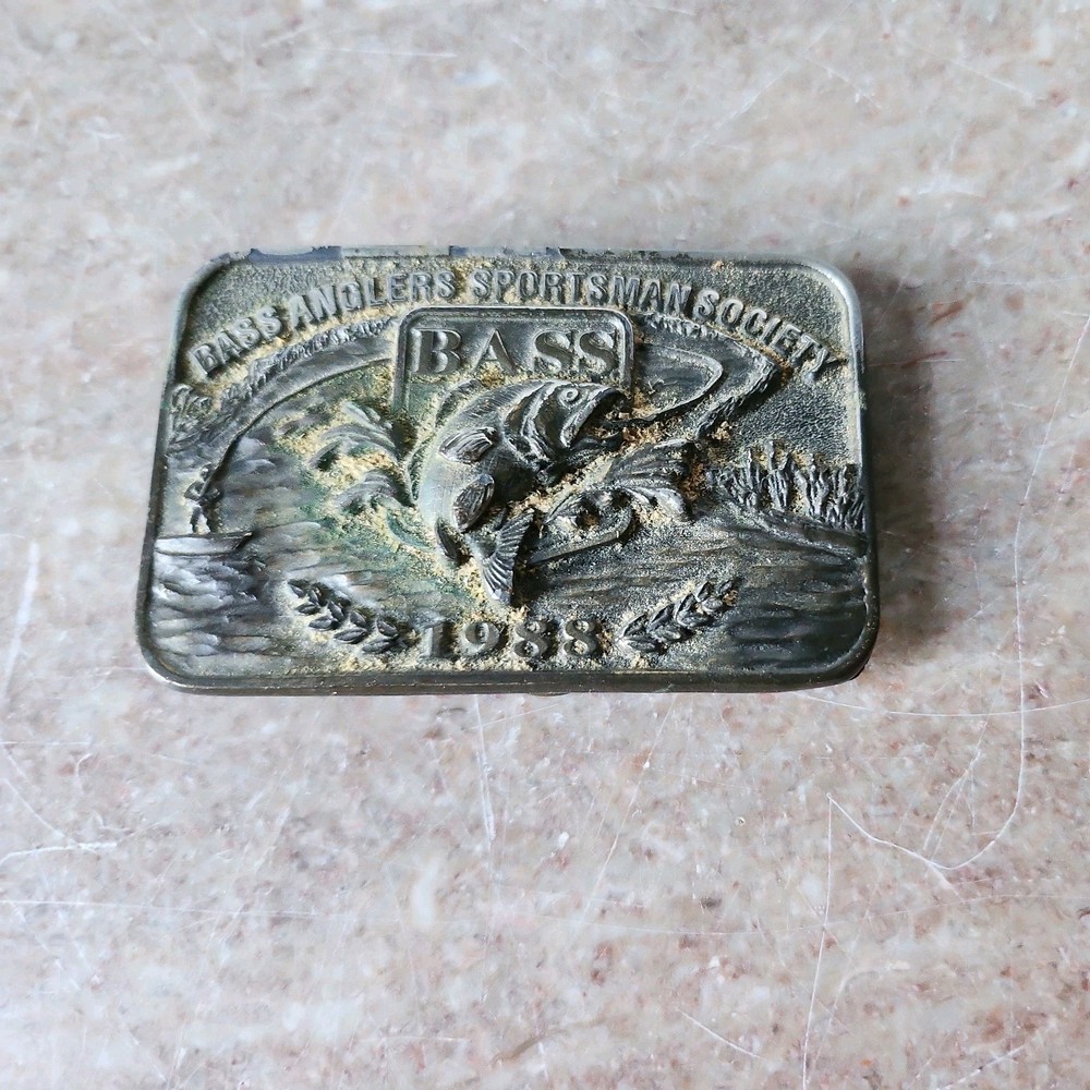 Vintage 1988 BASS Bass Anglers Sportsman Society Brass Belt Buckle USA Made 3×2&Prime;
