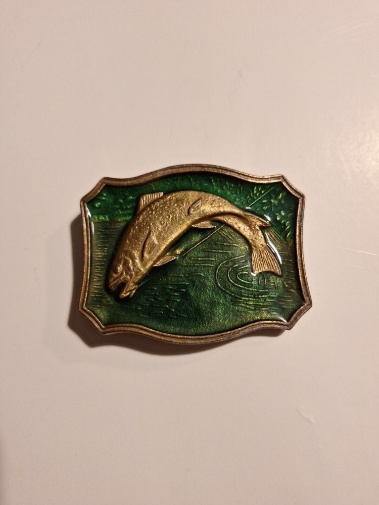 Vintage Enameled Metal Fishing Trout Belt Buckle Green