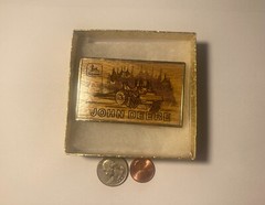 Vintage 1985 Metal Belt Buckle, Brass and Wood, John Deere, Tractor, Farming, Fa