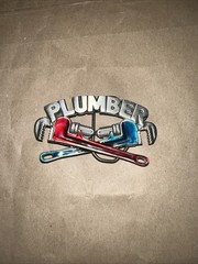 Plumber Metal Belt Buckle Red Blue Antique Finish Vintage Occupational 1967