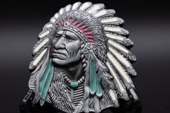 Indian Chief Head Belt Buckle Silver Finish Red White & Turquoise Accen