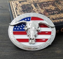 American Flag Longhorn Bull Skull Belt Buckle for Men Women, Vintage Western