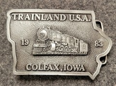 Trainland U.S.A Colfax, Iowa 1983 Pewter Belt Buckle. 4&Prime; x 2.5&Prime;