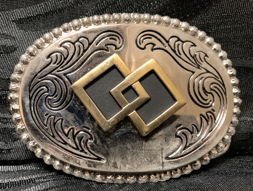 Vintage Western Square Dance Belt Buckle Squares Silver Brass Black Oval USA