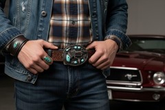 Men Western Buckle Dark Silver Color Metal Revolver Gun Feather Bull Turquoise