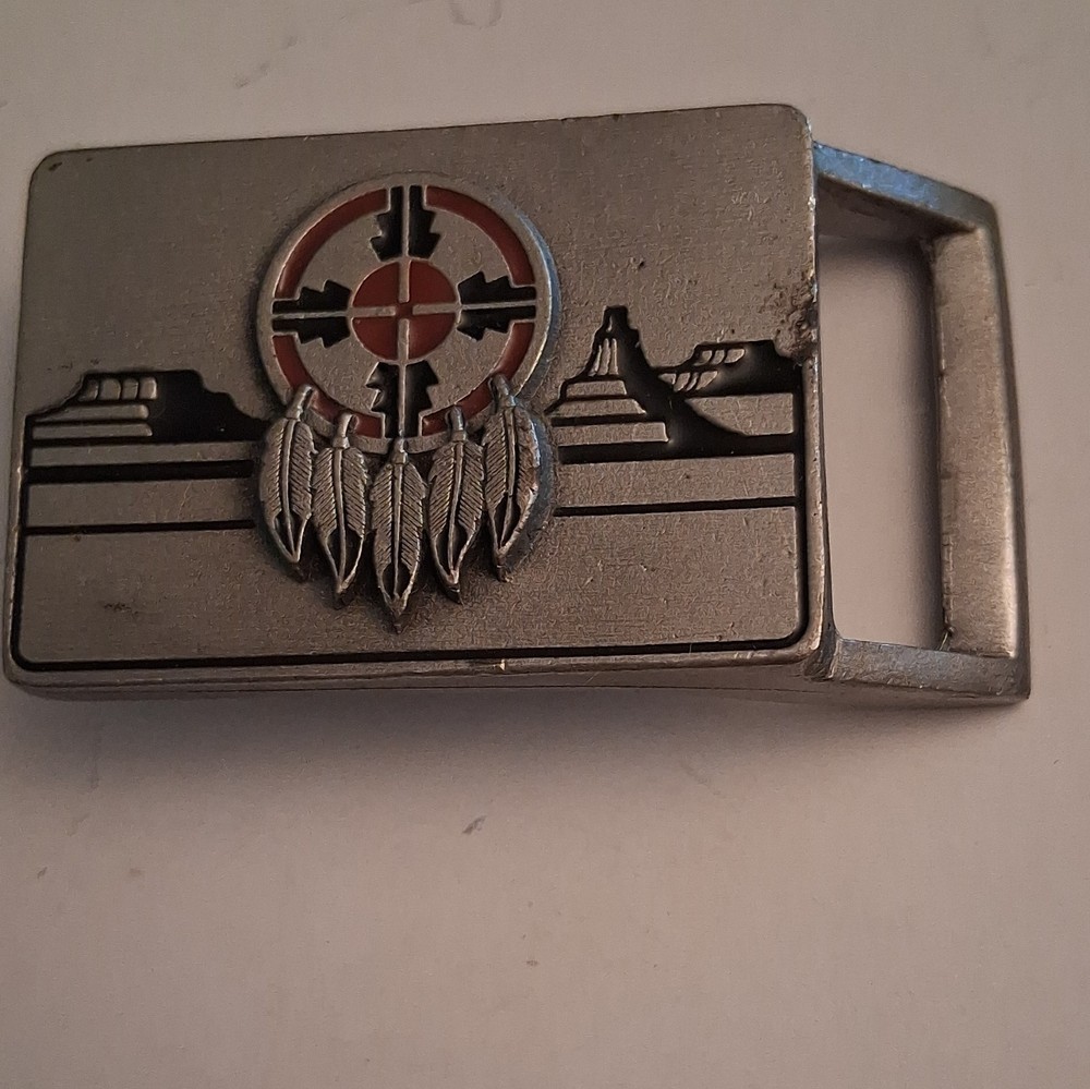 Rectangular Metal Western Native American Belt Buckle Silver Red Black 1.5in