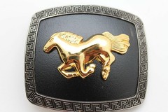 Men Women Belt Buckle Silver Metal Square Trendy Gold Rodeo Horse Black Fabric
