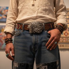Men Antique Dark Silver Metal Buckle Native American Indian Face Western Fashion