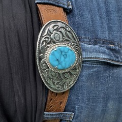 Western Oval Floral Silver Tone Metal Belt Buckle Blue Stone Accent 1.5in