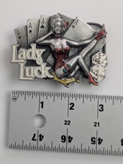 Vintage 1991 Lady Luck Belt Buckle – Dragon Designs Pewter Pin-Up Gambler DD109