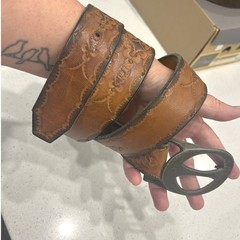 Vintage Tooled Brown Leather Belt Large Oval Metal Buckle Western Boho 46.75