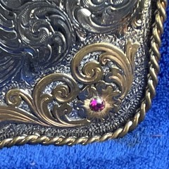 Vintage Montana Silversmiths Sterling Silver Plate Belt Buckle W/Rubies & Gold
