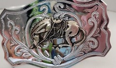 Vintage Chrome Belt Buckle with Applied Bronze Bucking Bronco Horse Clean READ