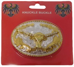 Texas Long Horn Oval Silver & Gold Diamond Belt Buckle (3-7/8&Prime; x 2-7/8&Prime;)
