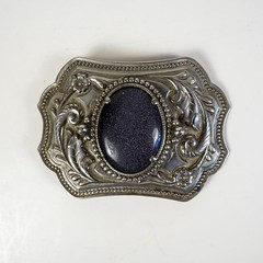 Vintage Western Floral Embossed Metallic Blue Star Stone Silver Tone Belt Buckle