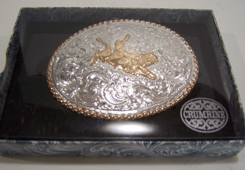 Crumrine Western Belt Buckle Bull Rider Rope Edge Silver Bronze C06150