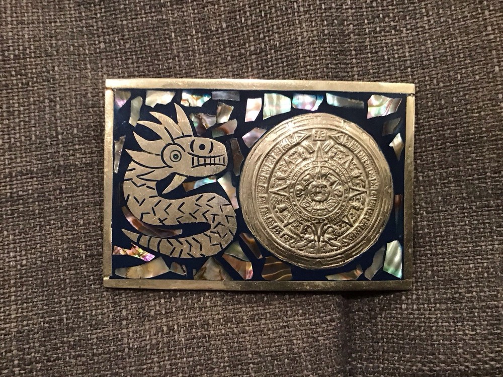 Aztec Sun Calendar Western Belt Buckle Men’s Inlaid Stone Metal Quetzalcoatl