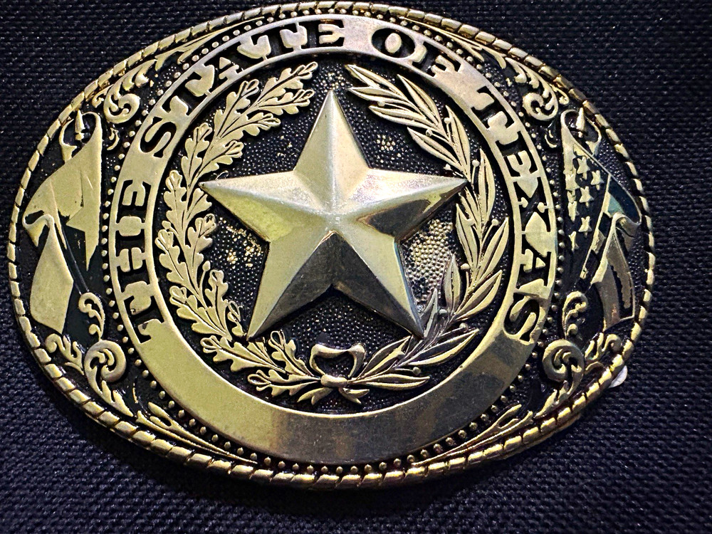 Texas Western State Oval Belt Buckle Star Accent Gold/Silver Metal 1.75in