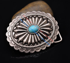 Vintage Silver Southeast Western Tribal Floral Turquoise Men&rsquo;s Belt Buckle 40mm