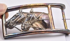 New old stock Sterling Silver B Kieselstein-Cord Double Race Horse Belt Buckle