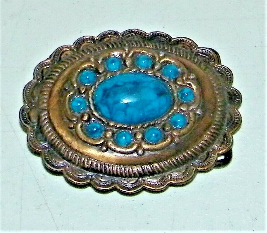 Vintage Brass Pressed Southeast -West Turquoise Belt Buckle Cooper Color EC