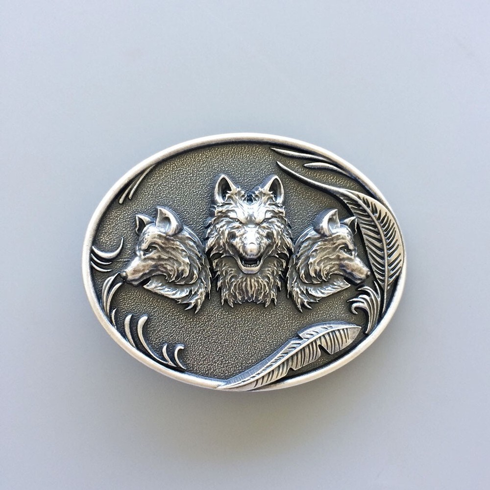 Vintage Silver Plated Western Wolves Oval Belt Buckle Gurtelschnalle