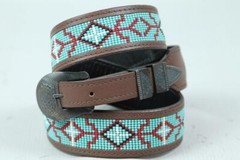 UNCLE SAM W Sterling Silver Buckle Navajo Native Turquoise Beaded Leather BELT