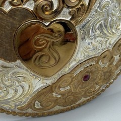 Crumrine Western Belt Buckle Cursive T Ruby Stone Silverplate Over Bronze Buckle
