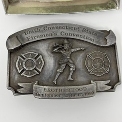 Leather King 106th Connecticut State Fireman&rsquo;s Convention Belt Buckle 1989 #453